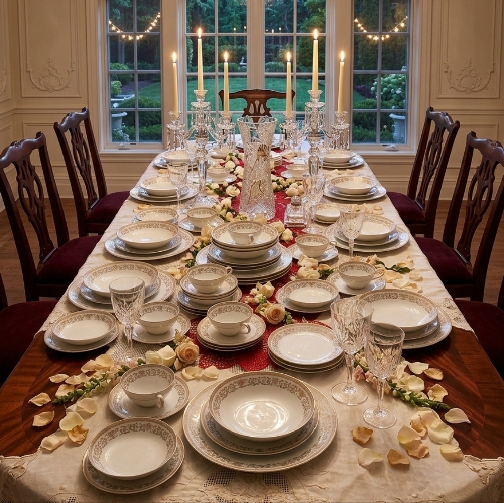 Vintage Noritake Gracelyn White Dinnerware Set with Gold Trim‎ 56 PC Table For 8